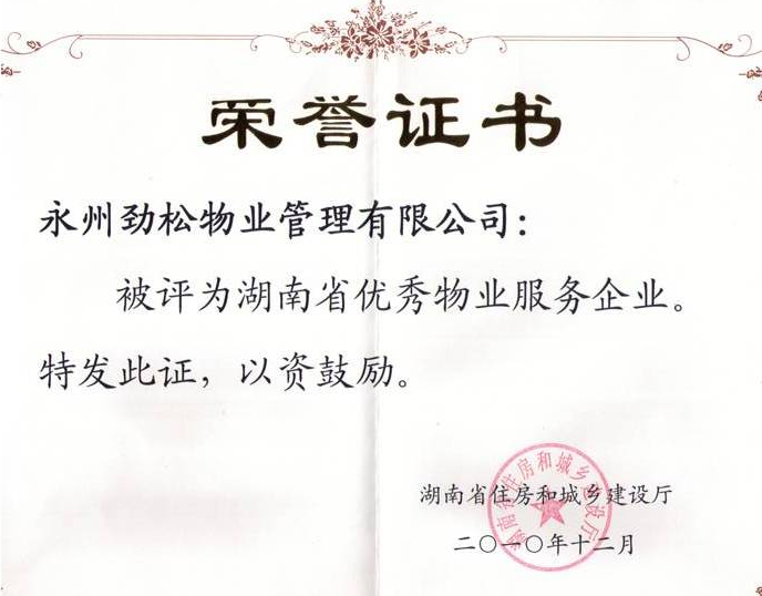 二0一0年度荣获湖南省优秀服务企业